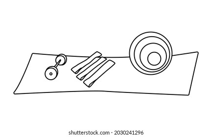 Equipment and accessories for yoga and fitness. Yoga mat, dumbbell, fitball, sports elastic bands. Vector illustration hand-drawn by a contour. Doodle style.