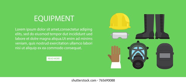Equipment advertising web banner vector illustration. Helmet and protective eyegasses, waterproof boots and fireproof gloves, face mask and headgear