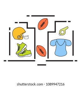 Equipment for american football, rugby. Clothes, whistle, sneakers, helmet, balls.