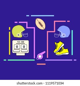 Equipment for american football, rugby. Electronic scoreboard, whistle, sneakers, helmets, ball.