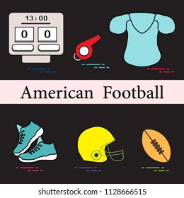 Equipment for american football, rugby. Electronic scoreboard, whistle, clothes, sneakers, helmet, ball.