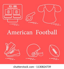 Equipment for american football, rugby. Electronic scoreboard, whistle, clothes, sneakers, helmet, ball.