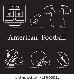 Equipment for american football, rugby. Electronic scoreboard, whistle, clothes, sneakers, helmet, ball.