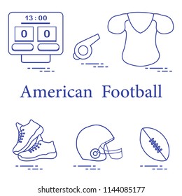 Equipment for american football, rugby. Electronic scoreboard, whistle, clothes, sneakers, helmet, ball.