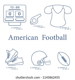 Equipment for american football, rugby. Electronic scoreboard, whistle, clothes, sneakers, helmet, ball.