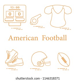 Equipment for american football, rugby. Electronic scoreboard, whistle, clothes, sneakers, helmet, ball.