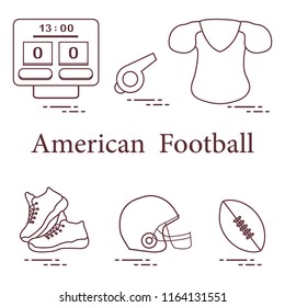 Equipment for american football, rugby. Electronic scoreboard, whistle, clothes, sneakers, helmet, ball.