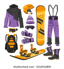 Equipo y prendas de vestir para ilustraciones vectoriales de snowboard. Colección de dibujos animados de snowboard, ropa, pantalones, casco, gafas, botas aisladas en fondo blanco. Concepto de deportes de invierno