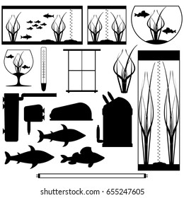 Equipment for aquarium. Silhouettes underwater vector elements with fishes plants stones seaweeds. Aquarium tanks of different shapes. Isolated on white background. 