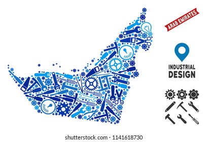 Equipment Arab Emirates map collage of cogs, wrenches, hammers and other hardware. Abstract territorial plan in blue color tints. Vector Arab Emirates map is created of equipment items.
