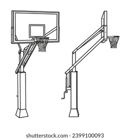 Equipment for basket ball sport games, basketball hoop and net, isometric and side view, vector illustration isolated on white background. 