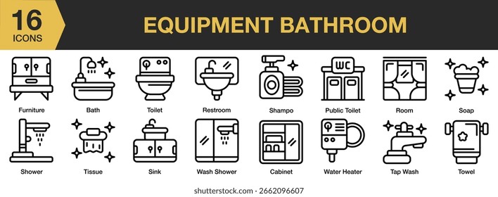 Ausstattung Badezimmer Symbol-Set. Umfasst Bad, Ausstattung, Haus, Hygiene, Sanitär, und mehr. Gliederungssymbole, Vektorsammlung.