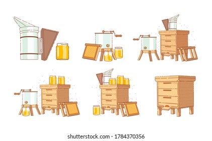 Equipment for beekeeping. Collect and produce honey. Vector illustration.