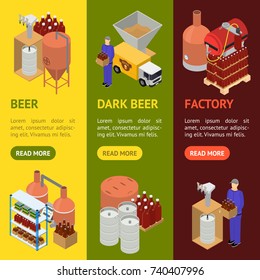 Equipment and Beer Production Banner Vecrtical Set Isometric View Style Elements for Brewing Factory. Vector illustration