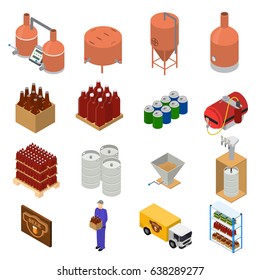 Equipment and Beer Production Set Isometric View Style Elements for Brewing Factory. Vector illustration