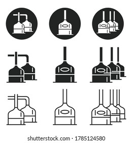 The equipment of the brewery. Set of icons for industrial tanks for brewing beer. Vector illustration isolated on a white background for design and web.