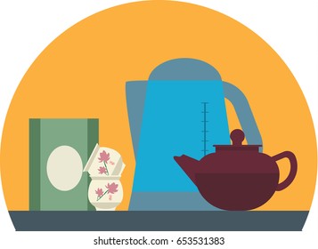 Equipment for brewing tea. Kettle, teapot, cups and tea package. Flat style vector illustration.