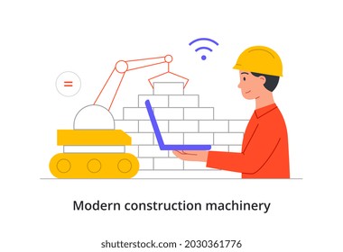 Equipment for building construction. Employee holds laptop in his hand and manages construction online. Crane lays brick and builds wall. Cartoon flat vector illustration isolated on white background