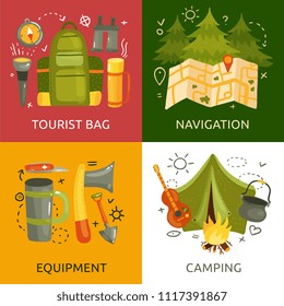 Equipment for camping 2x2 design concept with tent bag map axe knife guitar torch compass flat isolated vector illustration