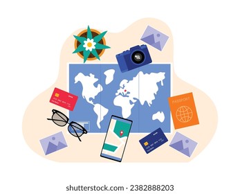 Equipment to carry when traveling, determining the destination of a tourist destination, desk top view vector illustration.