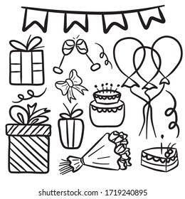 Equipment for celebrating happy birthday party. Cake, air balloons, bouquet of flowers, gift boxes, cheers, wineglasses, bow. Simple vector illustration in cartoon doodle. Present, surprise, holiday