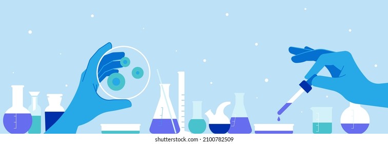Equipment for chemical laboratory. Researcher holding a laboratory petri dish. Test tube, flasks tube and other measuring. Illustration for chemical or medicine experiment, research. - Shutterstock ID 2100782509