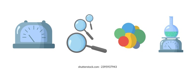 Equipment for chemical laboratory. Set of lab tools. Chemistry glass. Laboratory glassware with test tube beaker flask pipette erlenmeyer flask, science instrument. Chemistry attributes vector icons.