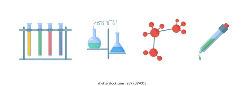 Equipo para laboratorio químico. Conjunto de herramientas de laboratorio. Vidrio de química. Vidrio de laboratorio con matraz de pipeta erlenmeyer, instrumento científico. Atributos químicos iconos vectoriales.