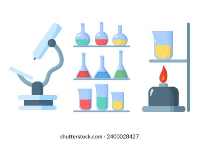 Equipment for chemical laboratory. Set of lab tools. Chemistry glass. Laboratory glassware with test tube beaker flask pipette erlenmeyer flask, science instrument. Chemistry attributes vector icons.