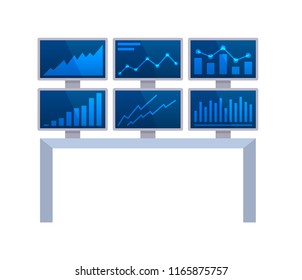 Equipment of chief department of finance, statistics. Information display with indicators, exchange rates of currencies, network station, monitors, monitoring of financial market. Vector illustration.