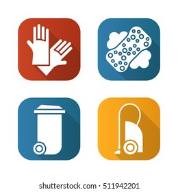 Equipment for cleaning flat long shadow icons set. Trash can, vacuum cleaner, sponge with foam and rubber gloves. Isolated vector illustration