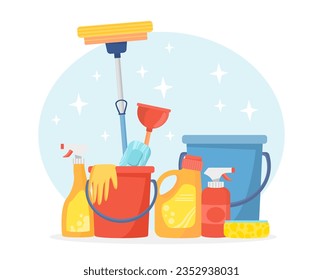 Equipment for cleaning service concept. Rubber yellow gloves at red bucket with water. Detergent and chemical products. Soap and sponge. Template and mock up. Cartoon flat vector illustration