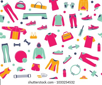 Equipment, clothing and accessories for sports and fitness in seamless pattern