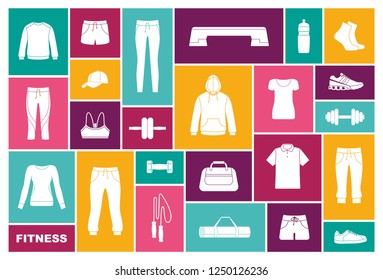 Equipment, clothing and accessories for sports and fitness. Flat icons