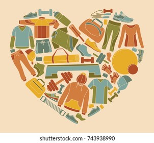 Equipment, clothing and accessories for sports and fitness in the shape of a heart