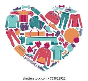 Equipment, clothing and accessories for sports and fitness in the shape of a heart