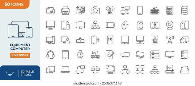 Equipment computer Icons set. computers, keyboard, monitor speaker, tablet, and more.	
