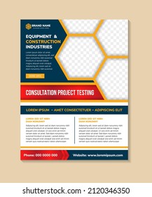 equipment and construction industries flyer using blue, red and yellow colors. brochure template design with vertical layout. hexagon shape on element. space for photo collage and text.