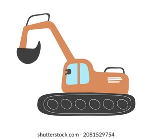 Equipment for construction. Sticker with large excavator for digging up ground. Machine for agriculture. Design element for apps. Cartoon flat vector illustration isolated on white background