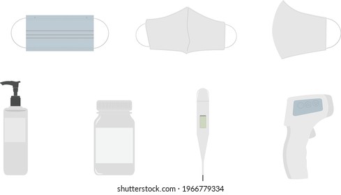equipment for covid-19 facemask fever thermometer icon vector illustration alcohol bottle medicine box