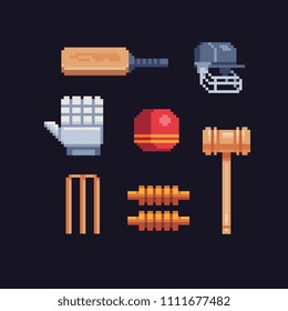 Equipment cricket player set. Pads, bats, helmet, ball and wickets. Pixel art icons. Isolated vector illustration. 8-bit. Design stickers, logo, app, embroidery. 