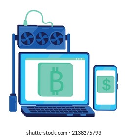 Equipment for cryptocurrency mining semi flat color vector object. Full sized items on white. Specialized computer and smartphone simple cartoon style illustration for web graphic design and animation