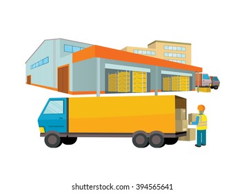 Equipment Delivery Process Of The Warehouse. Warehouse Interior, Logisti And Factory, Building Warehouse Exterior, Business Delivery, Storage Cargo Vector Illustration. Loader Unloads The Van