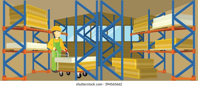Equipment delivery process of the warehouse. Warehouse interior, logisti and factory, loader man in warehouse building exterior, business delivery, storage cargo vector illustration