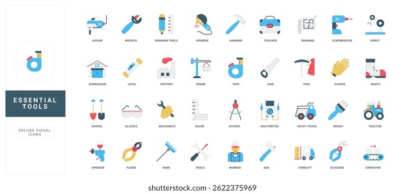 Equipment and device, essential tools of worker and heavy machinery for construction and industrial works color icon set. Automated arm of robot, warehouse forklift, conveyor flat vector illustration