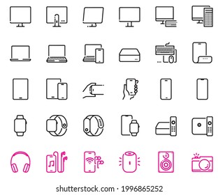 Equipment and Devices Icons Devices and Electronics related line icons. Computers and mobile phones vector linear icon File in Illustrator EPS