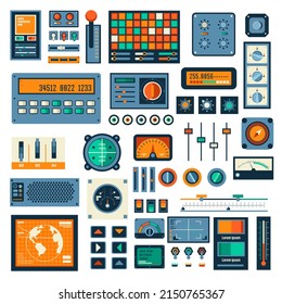 Equipment and devices, interface of panels, buttons and numbers. Radio set or gadgets retro and vintage. Ancient calculator, configuration and balance control. Vector in flat style illustration