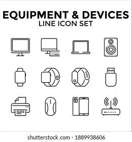 Equipo y dispositivos Conjunto de iconos de línea, Icono simple incluye pantalla, pantalla, PC, portátil, sonido, Flash Drive, tarjeta de memoria, ratón, smartphone, impresora, ilustración de diseño del router vector en fondo blanco