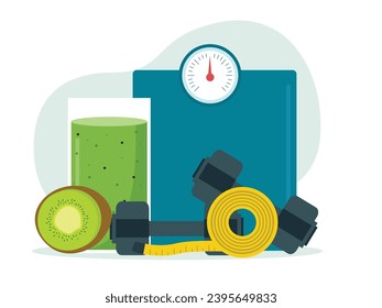 Equipment for diet preparation with scales, body waist circumference measuring ruler, juice, dumbbells and fruit. Character design. Vector flat illustration