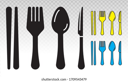 equipment dining silverware or tableware vector flat icon ( spoons, knife, chopsticks and fork) on a transparent background